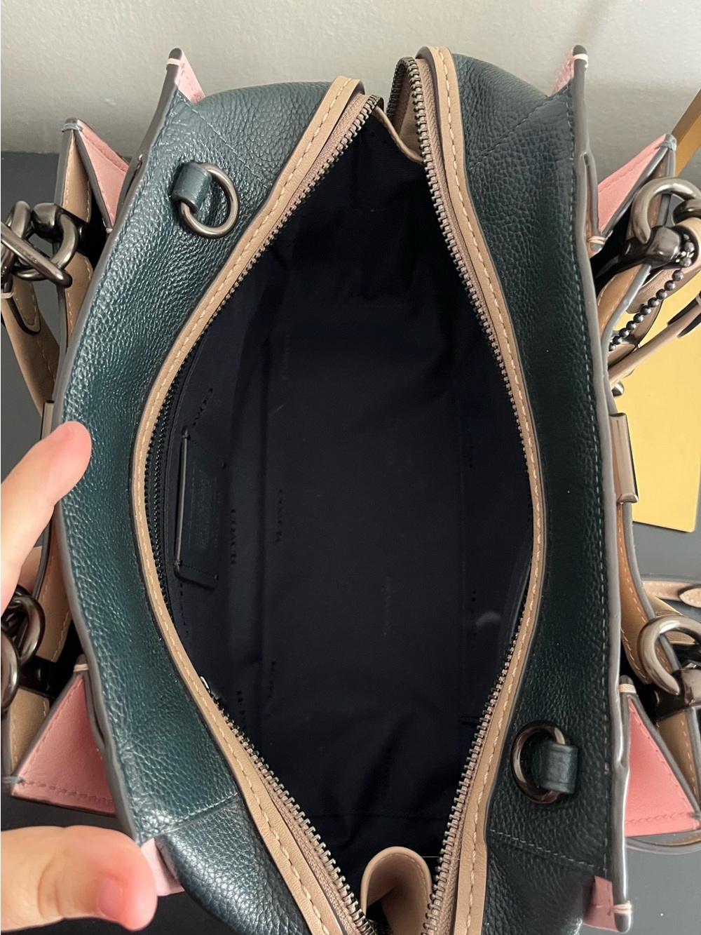Coach Dreamer Pebbled Leather Satchel in Pine Green, Pink and Beige - Picture 6 of 10